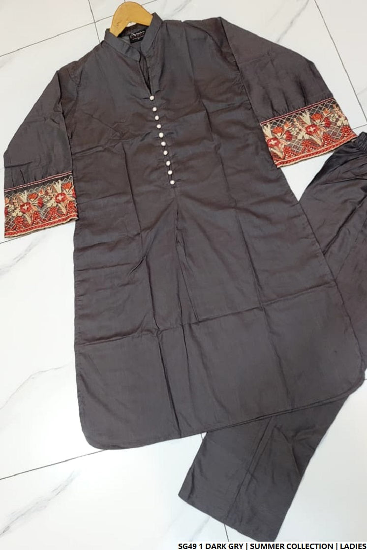 Pakistani women's dark grey lawn A-Line casual outfit back view