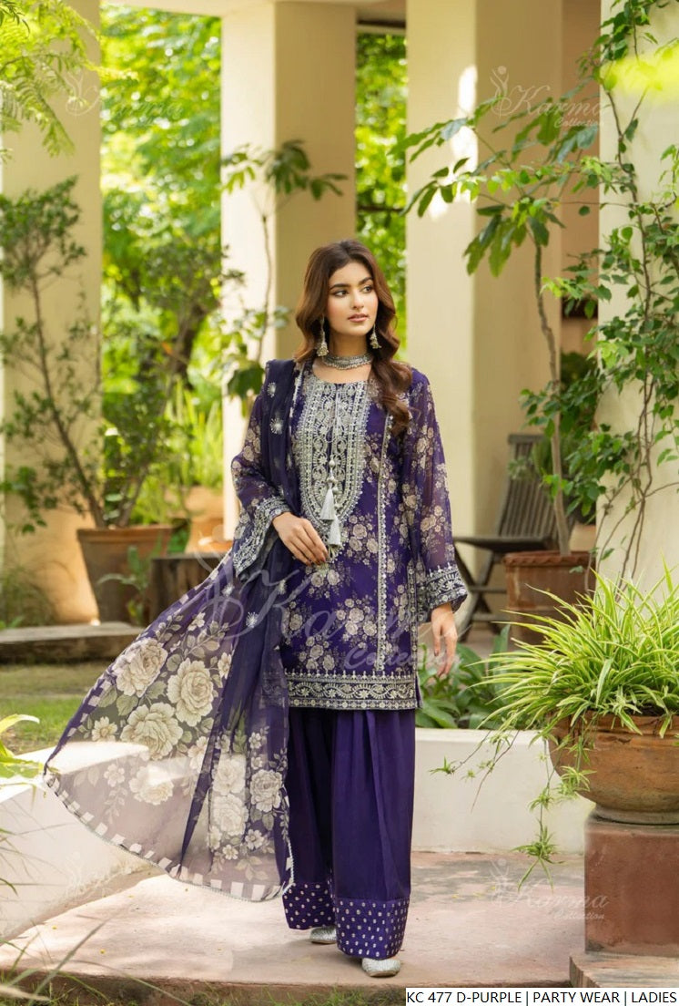 Silk long kaftan dark purple - Pakistani women's luxury formal wear with silk dupatta front view