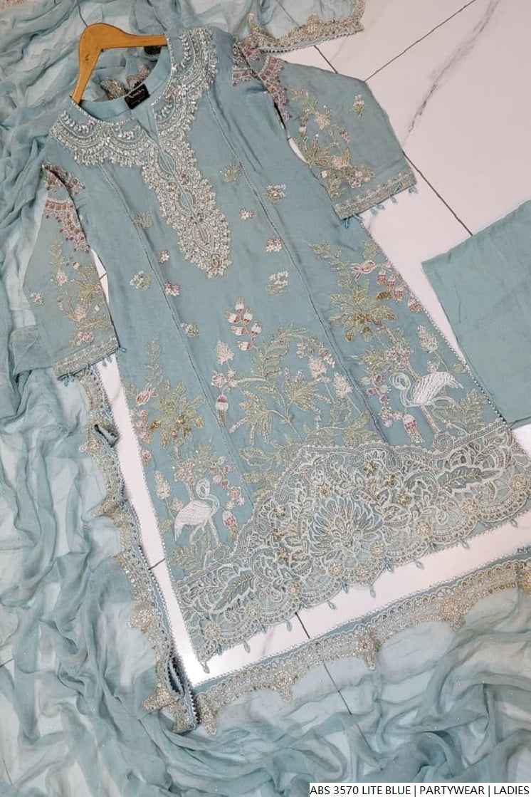 Pakistani women's light blue organza straight shirt detail view