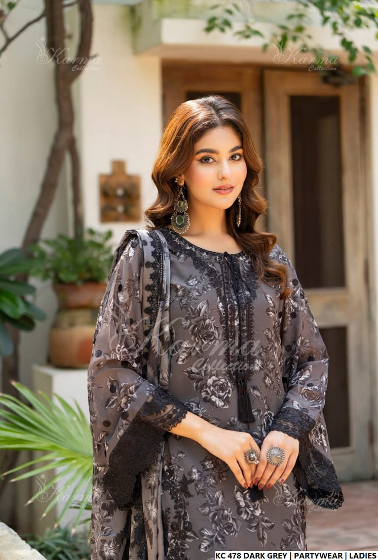 Pakistani women's dark grey silk long kaftan full view