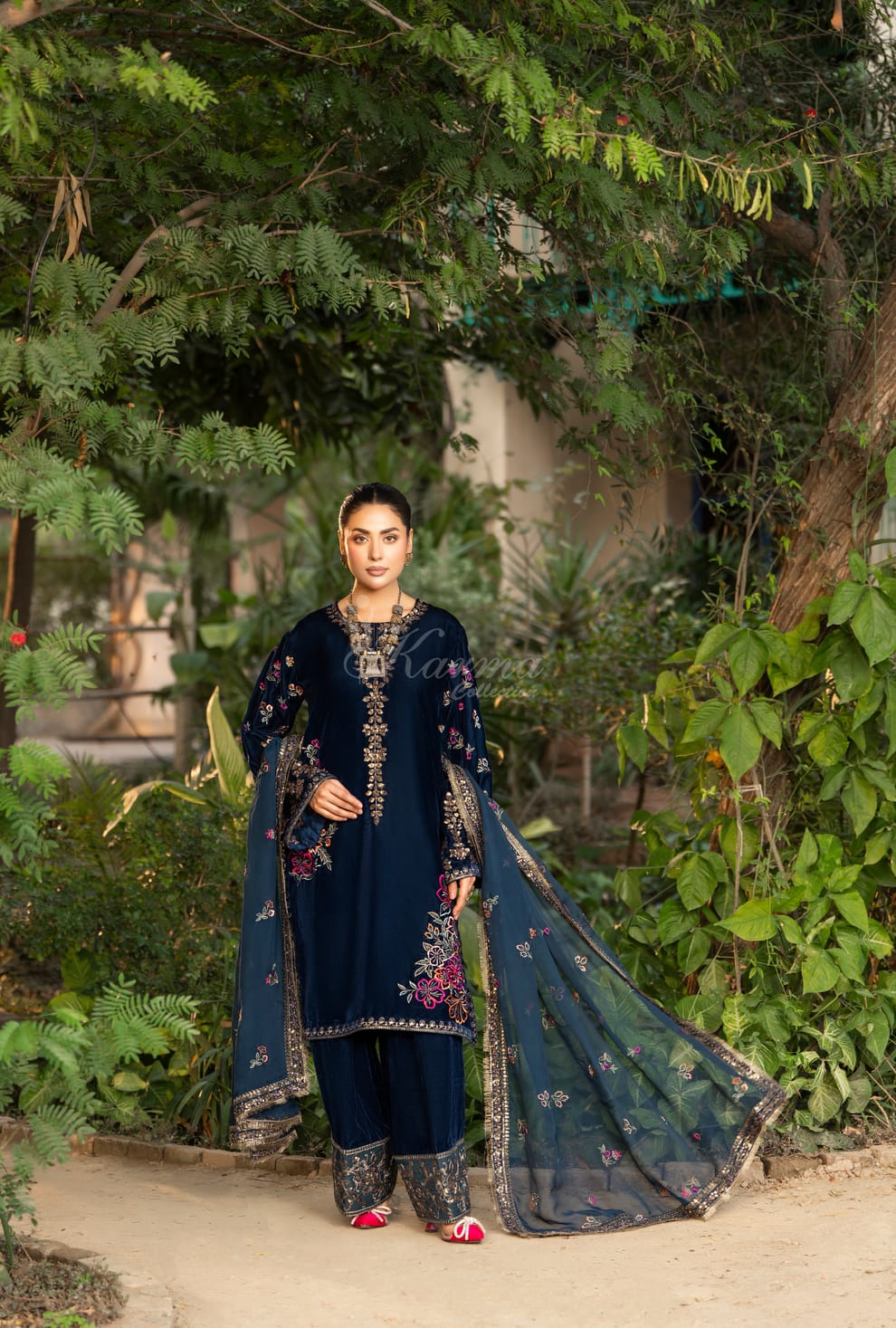 Velvet long kaftan plazo zinc grey - Pakistani women's luxury winter formal wear with silk dupatta front view