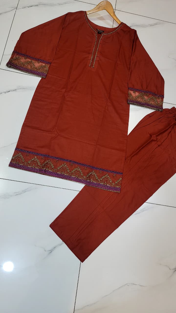 Pakistani women's copper lawn A-Line casual outfit back view