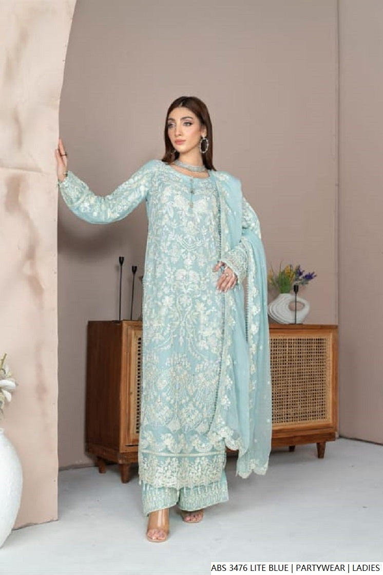 Chiffon straight shirt light blue - Pakistani women's elegant formal wear with viscose trouser and chiffon dupatta front view