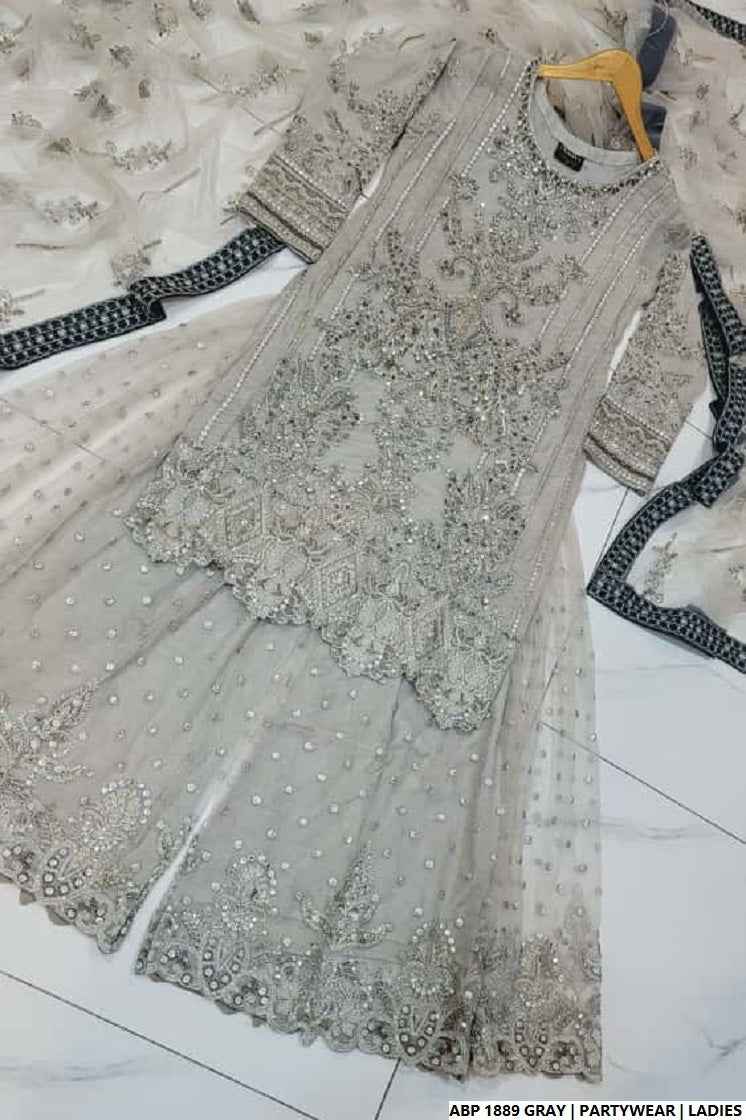 Pakistani women's grey silk short shirt full view