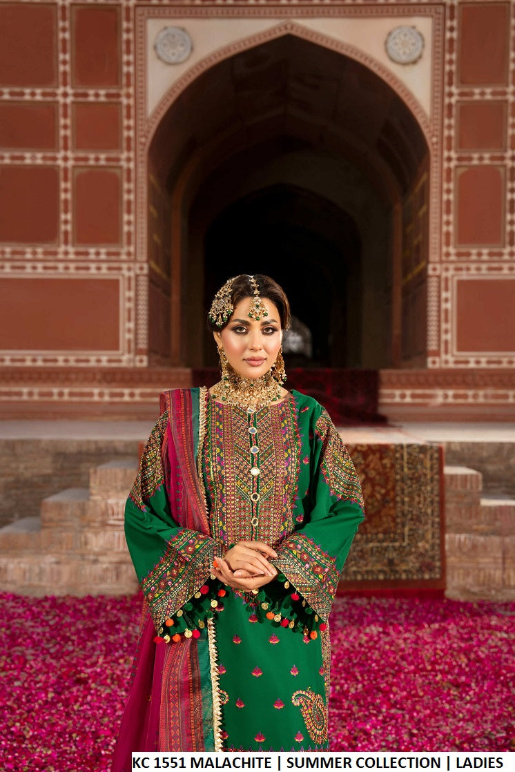 Pakistani women's malachite green cotton short shirt farshi shalwar detail view