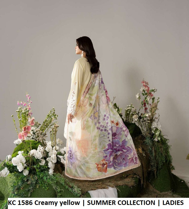 KC Ayra 1586 Creamy Yellow - Creamy Yellow Embroidered 3-Piece Ready to Wear Pakistani Suit