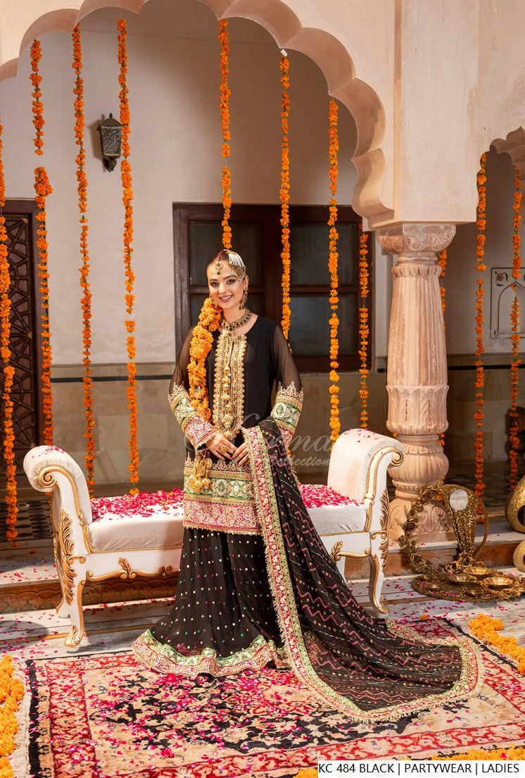 Pakistani women's black silk long kaftan plazo full view