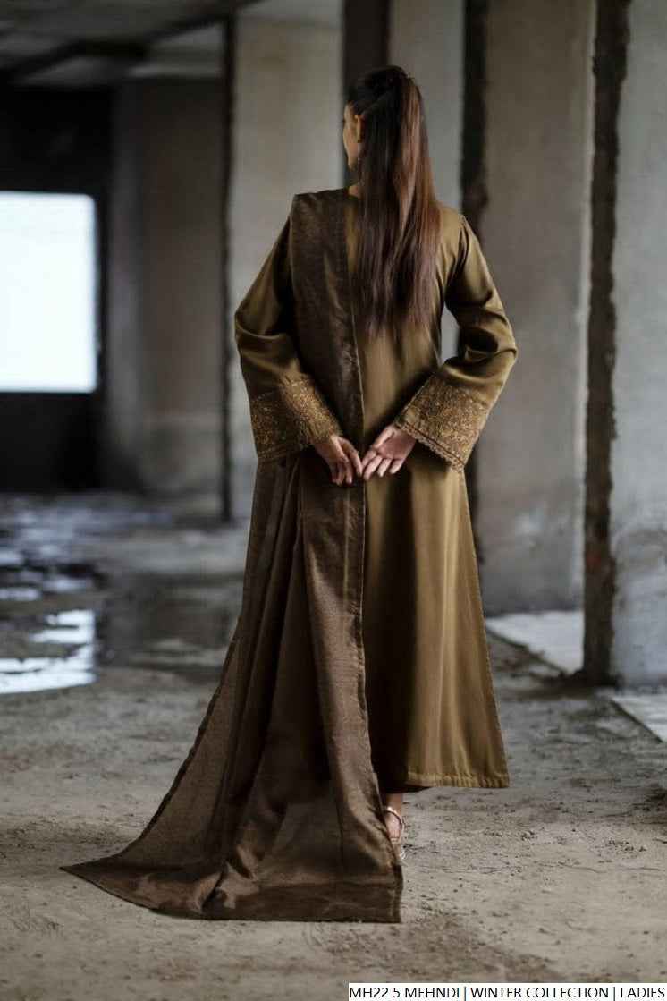 Pakistani women's mehndi green khaddar straight shirt detail view