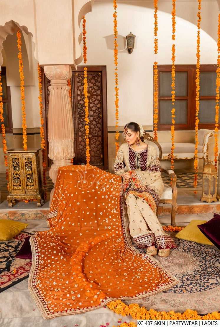 Pakistani women's skin silk long kaftan plazo detail view