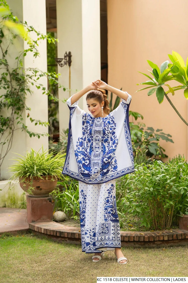 Pakistani women's celeste blue silk 2-piece formal suit back view