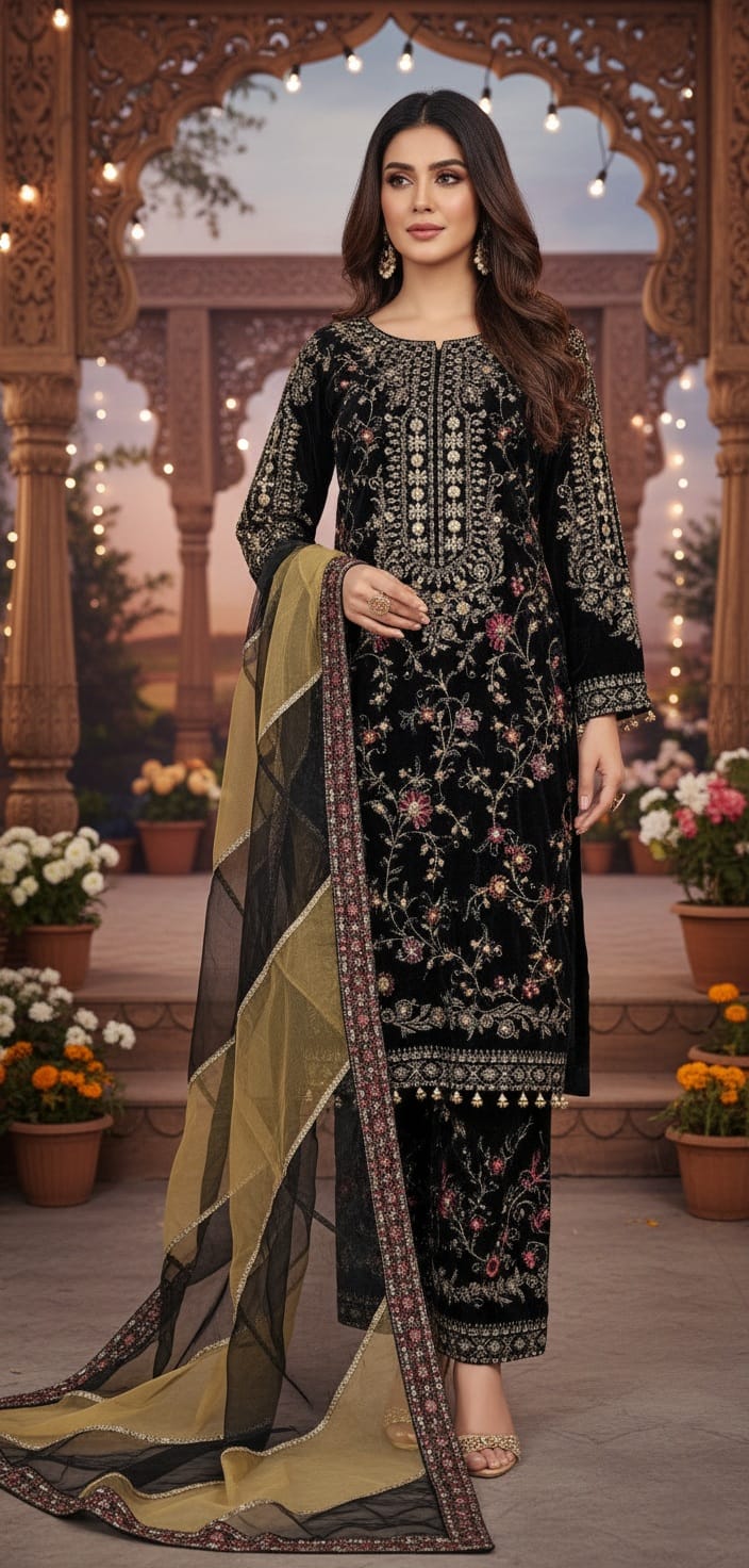 Velvet open shirt black - Pakistani women's winter party wear with grip trouser and velvet dupatta front view
