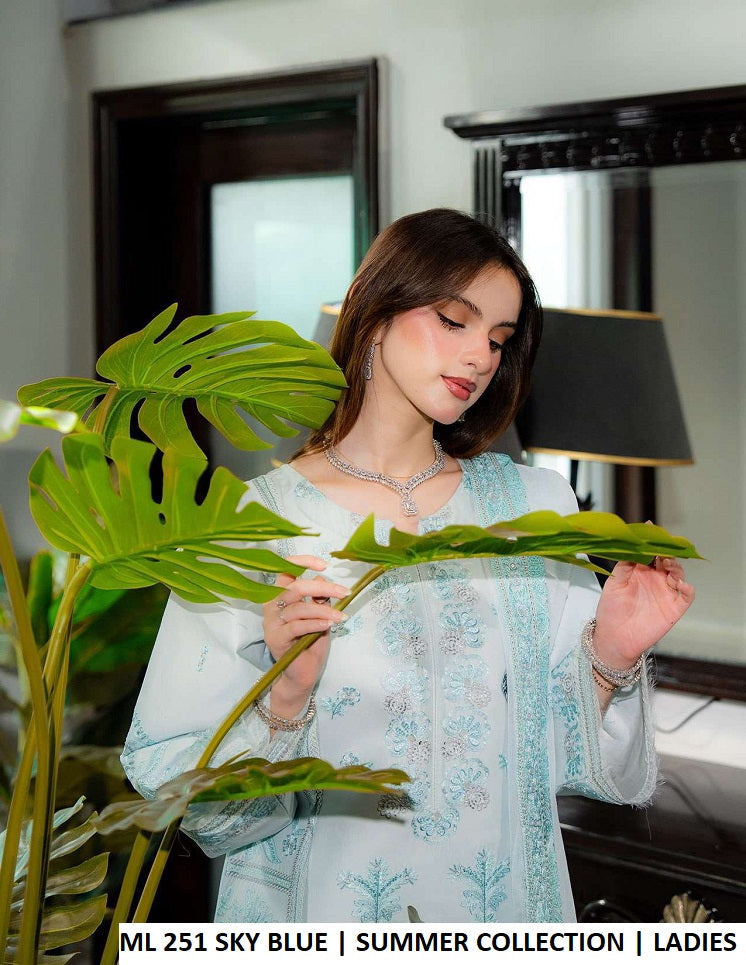 ML 251 SKY BLUE - Sky Blue Cotton Chiffon 3-Piece Women's Pakistani Suit