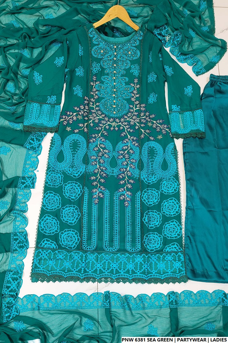 Pakistani women's sea green chiffon straight shirt plazo full view