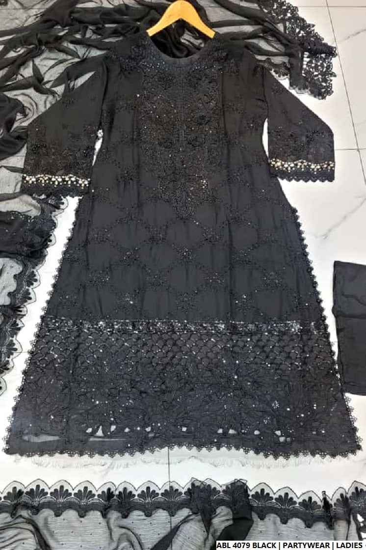 Pakistani women's black chiffon A-Line shirt full view