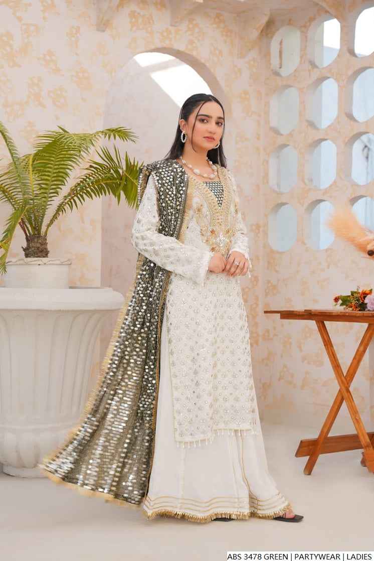 Pakistani women's green organza straight shirt back view
