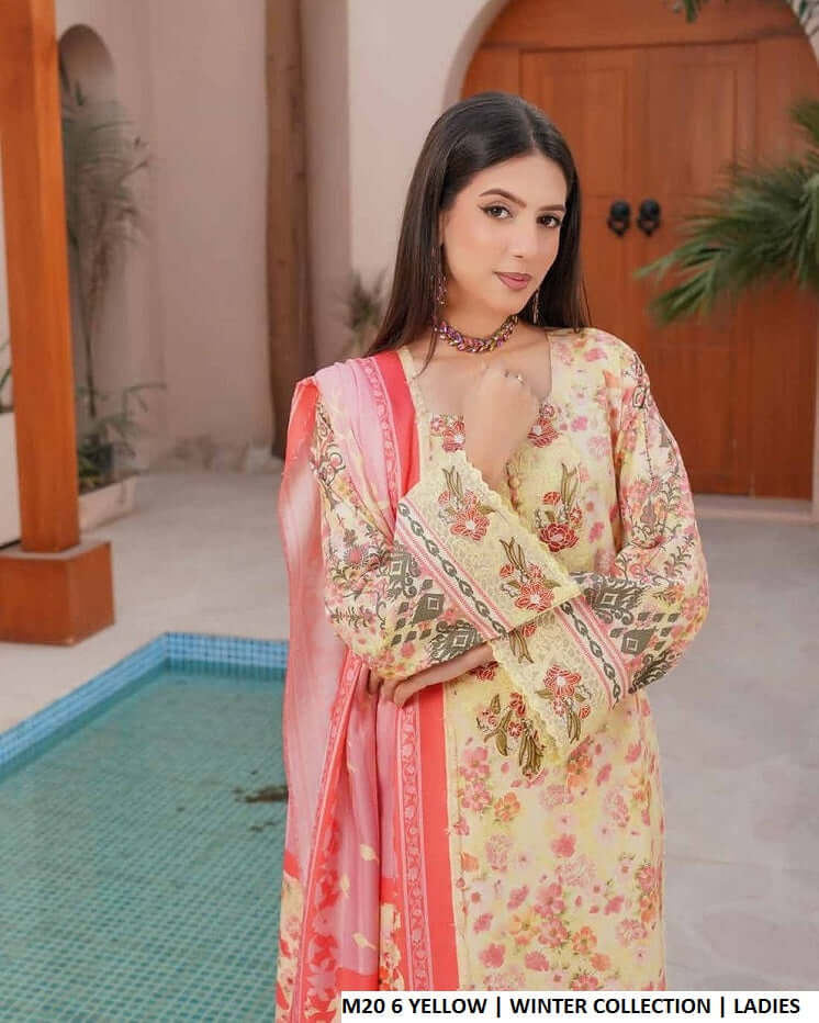 Pakistani women's yellow lawn A-Line casual outfit back view