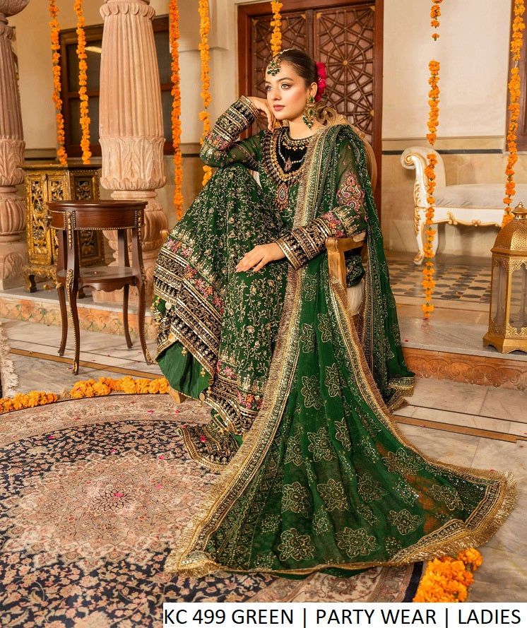 Chiffon long frock plazo green - Pakistani women's luxury formal wear with viscose plazo and chiffon dupatta front view