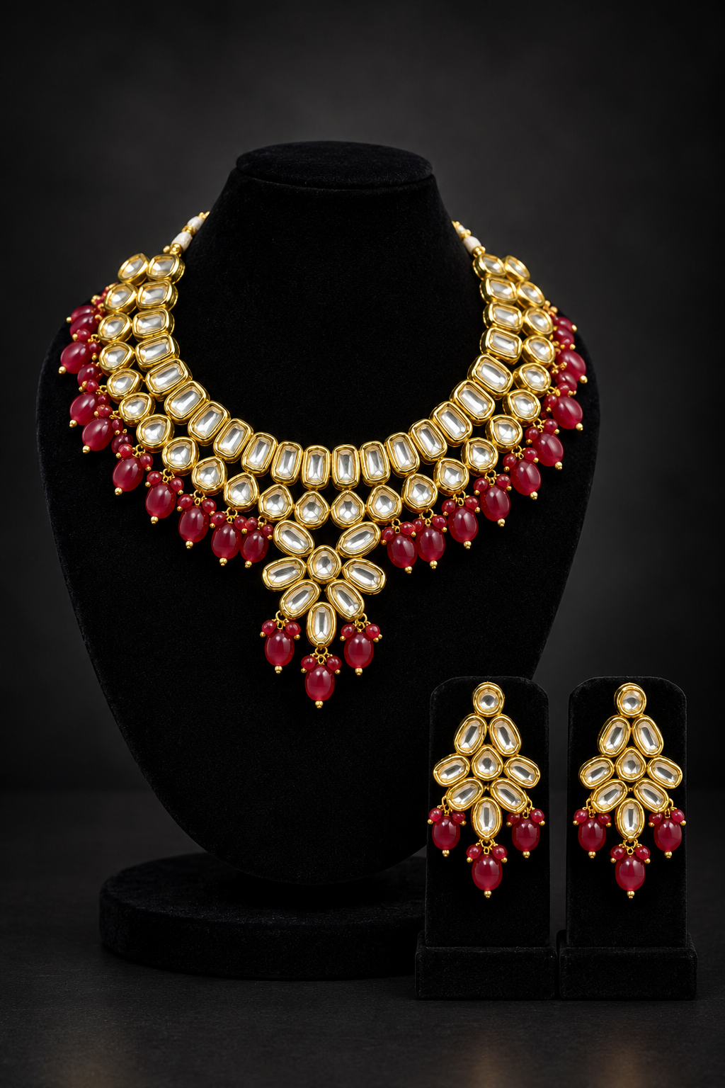 JW428 – Gold-Tone Kundan Necklace Set with Red Bead Drops