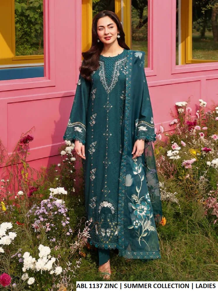 Cotton straight shirt plazo zinc grey - Pakistani women's casual outfit with organza dupatta front view