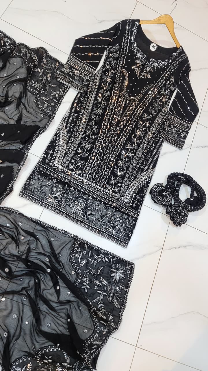 Pakistani women's black organza straight shirt plazo back view
