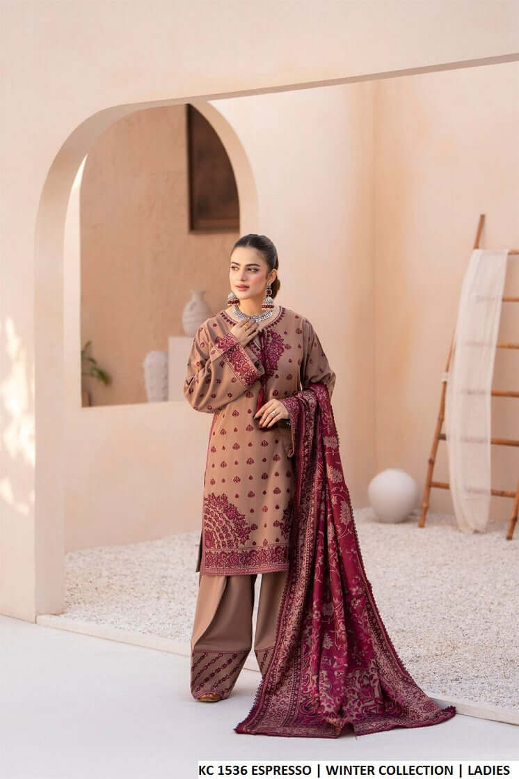 Silk short shirt farshi shalwar espresso brown - Pakistani women's traditional formal outfit front view