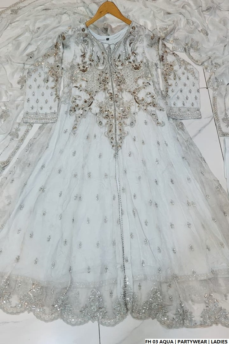 Organza open shirt aqua - Pakistani women's elegant formal wear with viscose trouser and organza dupatta front view