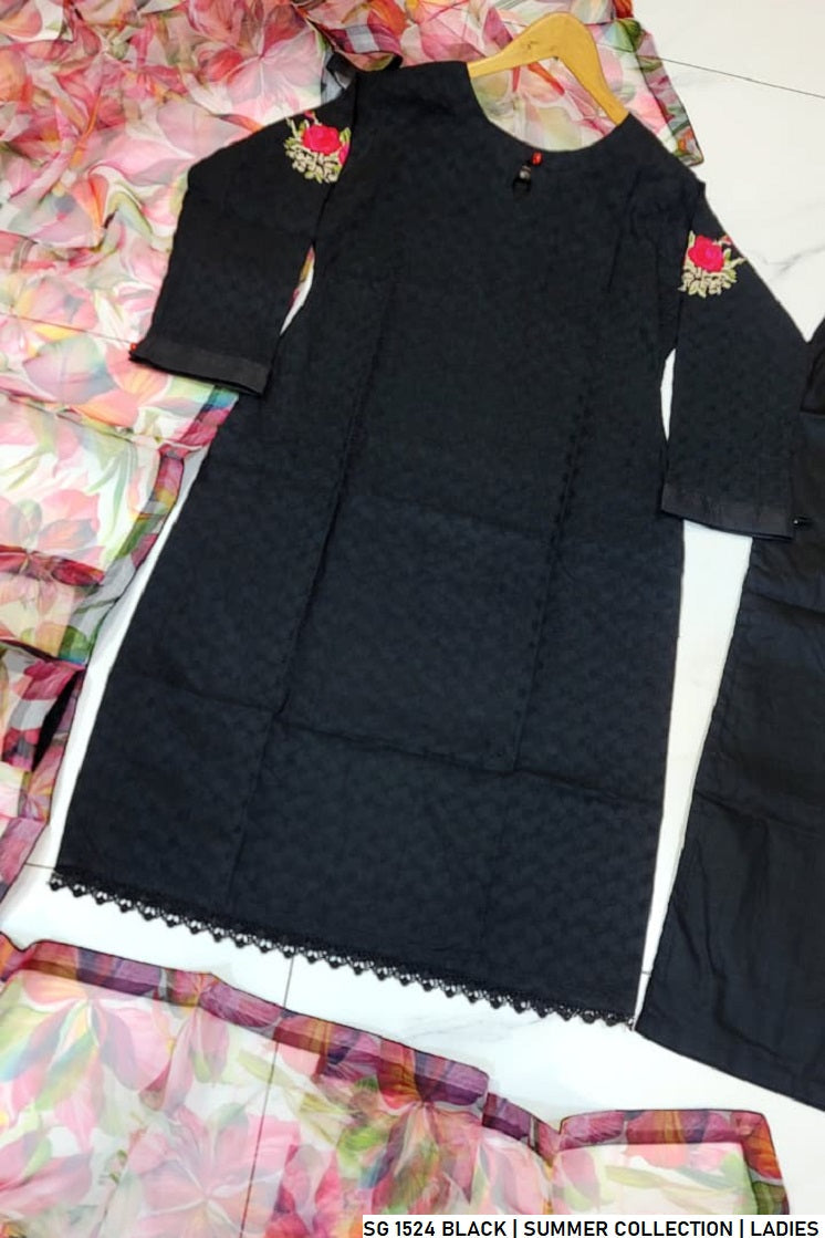 Pakistani women's black lawn A-Line casual shirt detail view
