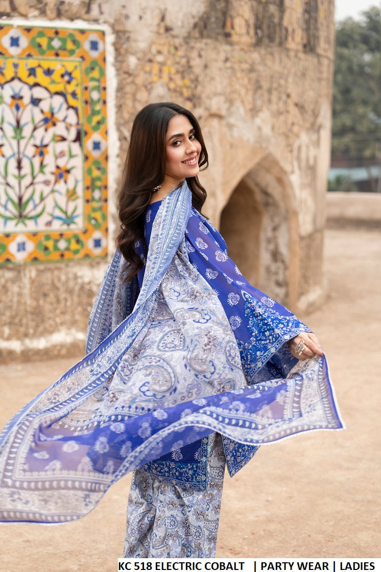 Pakistani women's electric cobalt blue georgette embroidered farshi shalwar outfit detail view