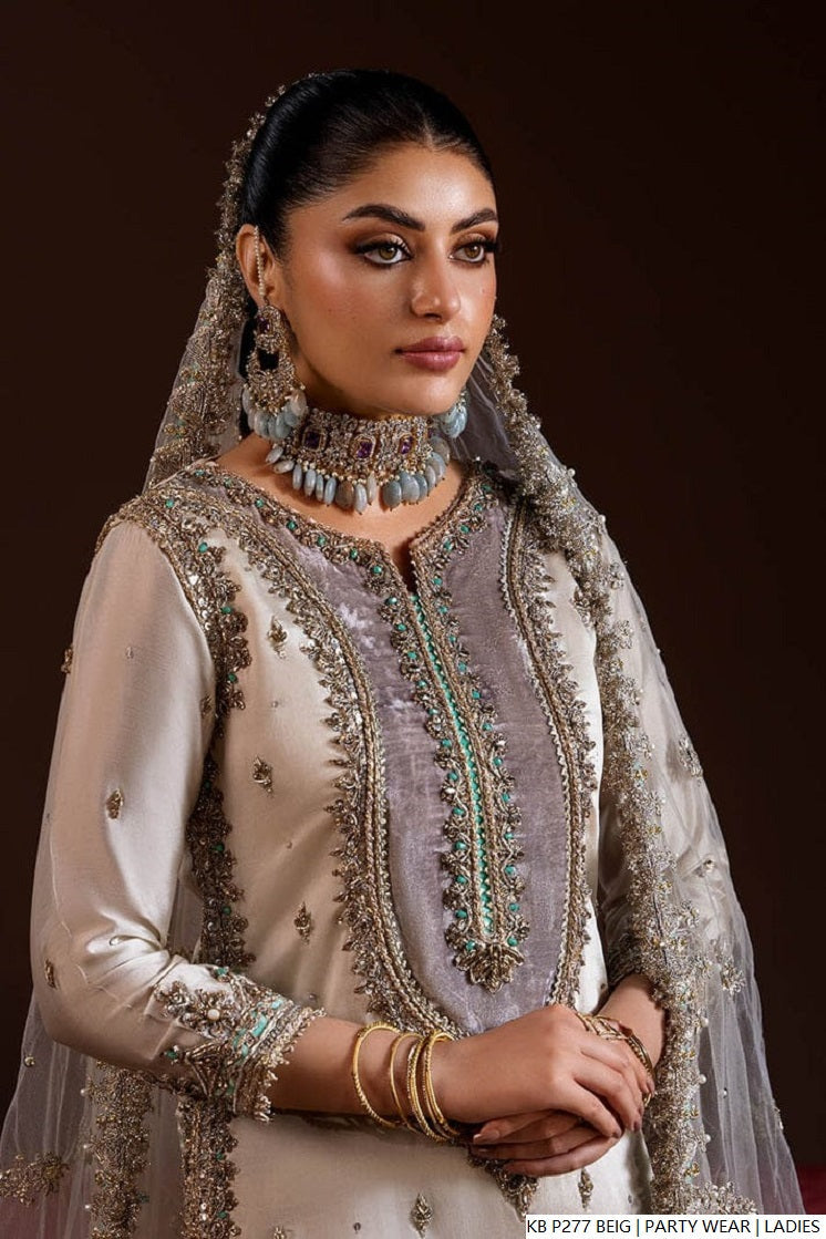 Beige hand embroidered Pakistani women's luxury short suit side view