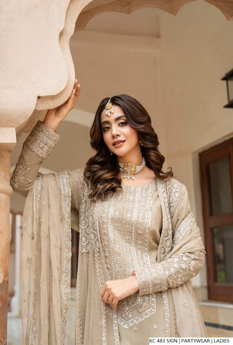 Skin silk Pakistani women's long kaftan with plazo side view