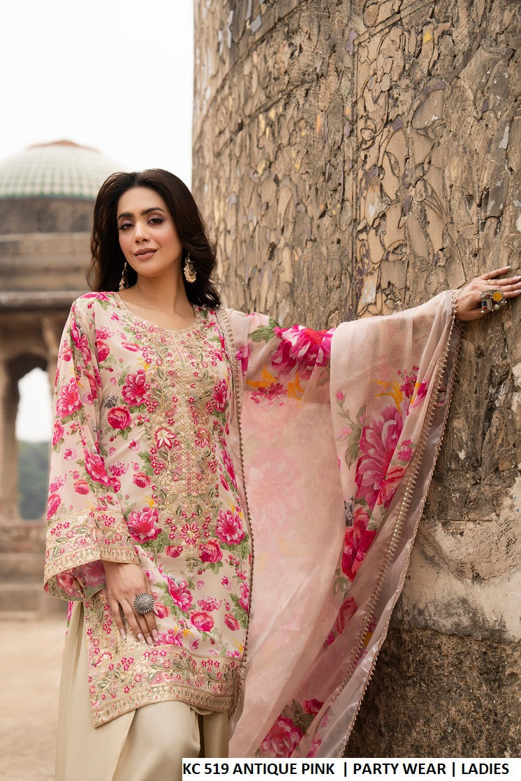 Antique pink georgette Pakistani women's short shirt with embroidered farshi shalwar side view