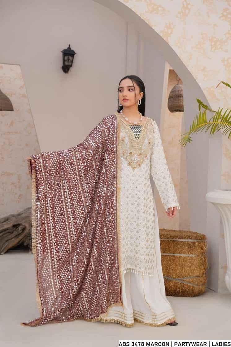 Organza straight shirt maroon - Pakistani women's elegant formal wear with viscose trouser and organza dupatta front view