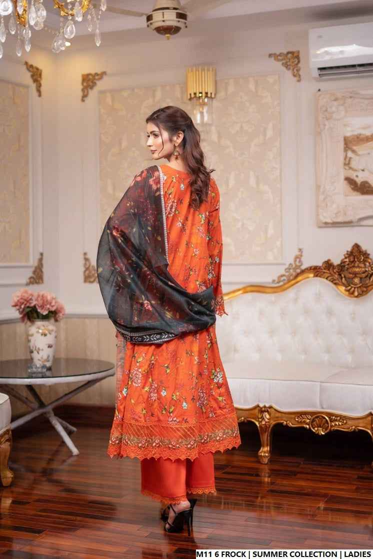 Pakistani women's lawn long frock printed casual outfit back view