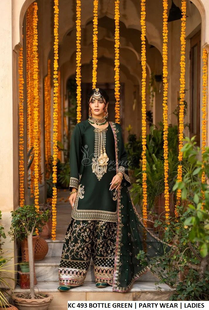 Bottle green silk Pakistani women's long kaftan with plazo side view