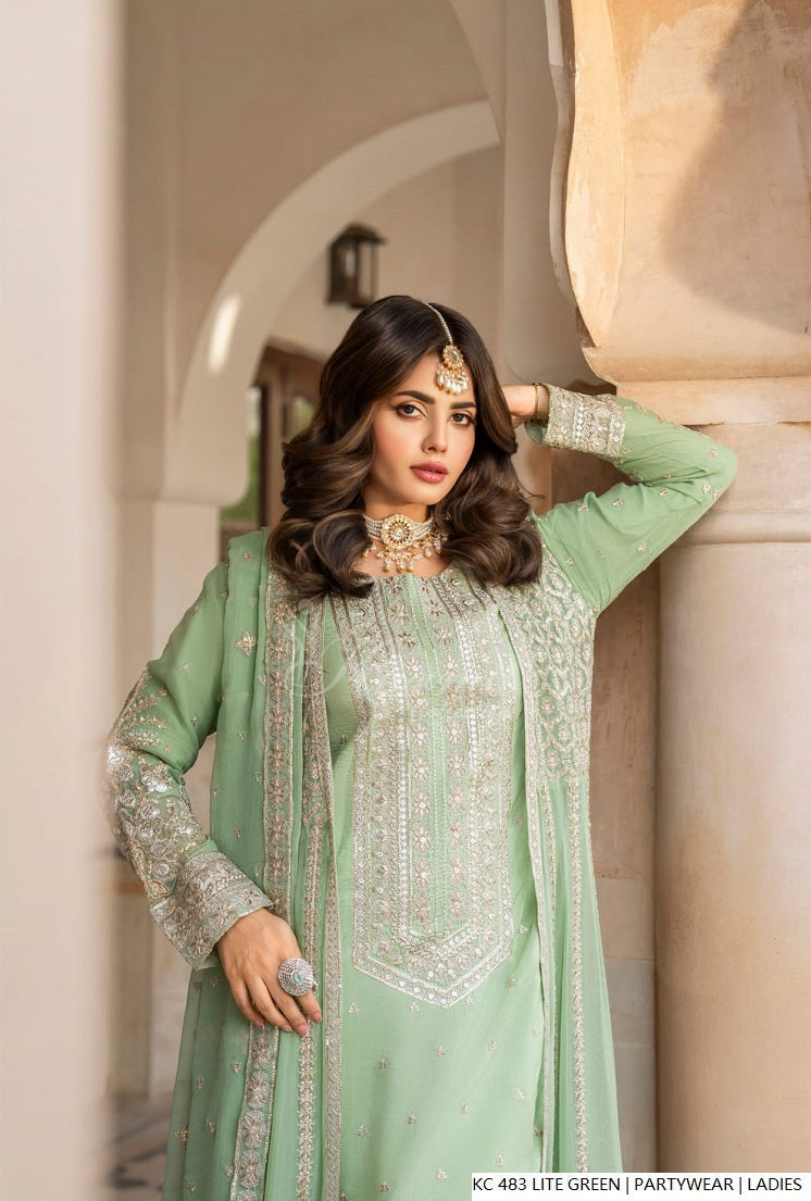 Light green silk Pakistani women's long kaftan with plazo side view