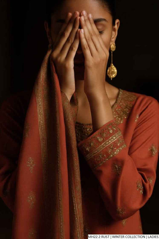 Rust khaddar Pakistani women's straight shirt side view