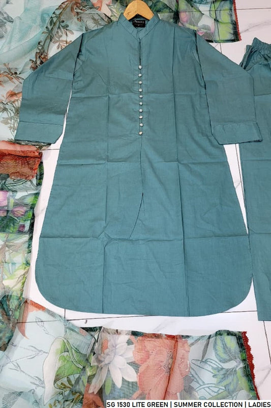 Light green lawn Pakistani women's A-Line casual shirt side view