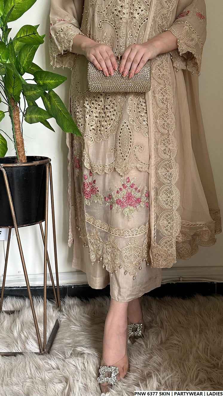 Pakistani women's skin chiffon straight shirt plazo detail view
