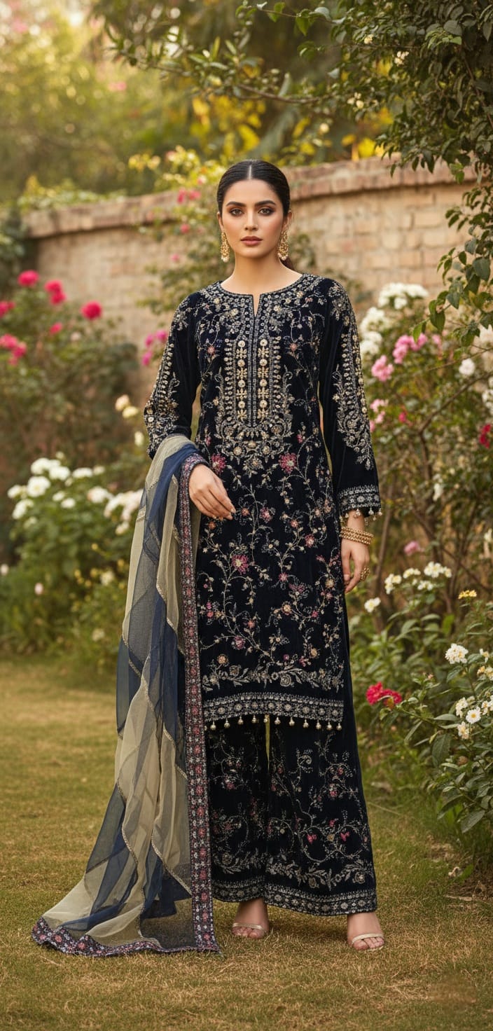 Velvet open shirt navy blue - Pakistani women's winter party wear with grip trouser and velvet dupatta front view