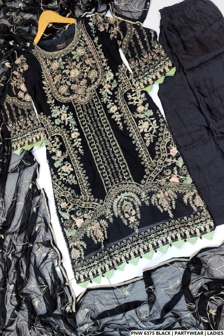 Pakistani women's black chiffon straight shirt plazo back view