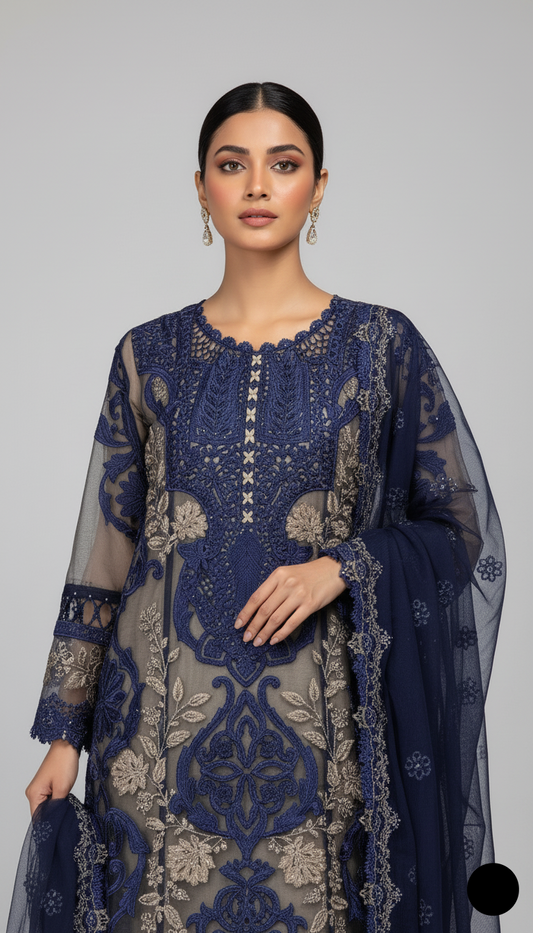 Navy blue organza Pakistani women's A-Line shirt side view