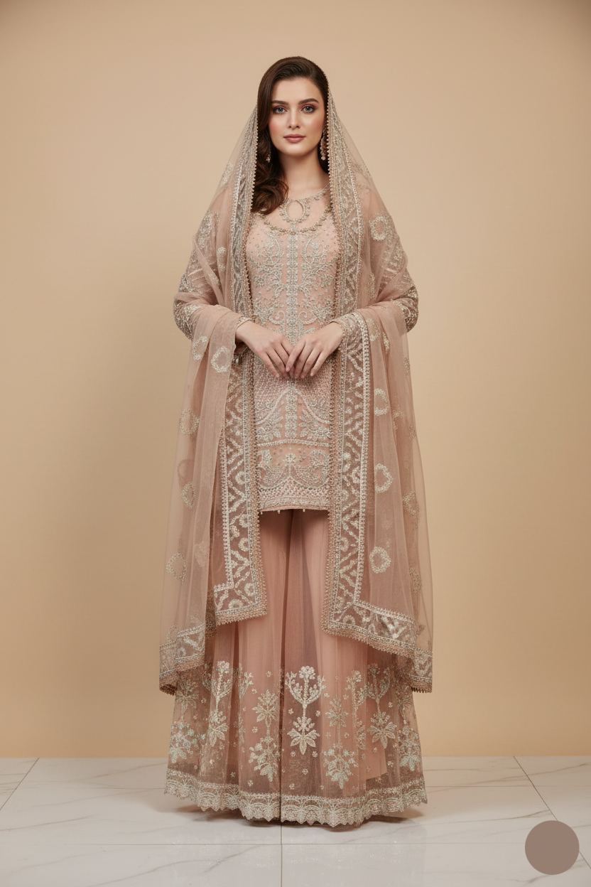 Organza straight shirt plazo ABL 3923 - Pakistani women's elegant formal wear with organza dupatta front view
