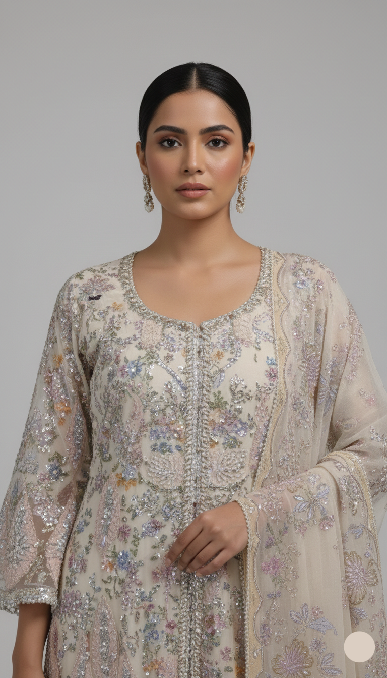 Chiffon printed shirt - Pakistani women's casual party wear with viscose trouser and organza dupatta front view