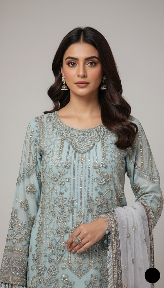 Light blue chiffon Pakistani women's straight shirt with plazo side view