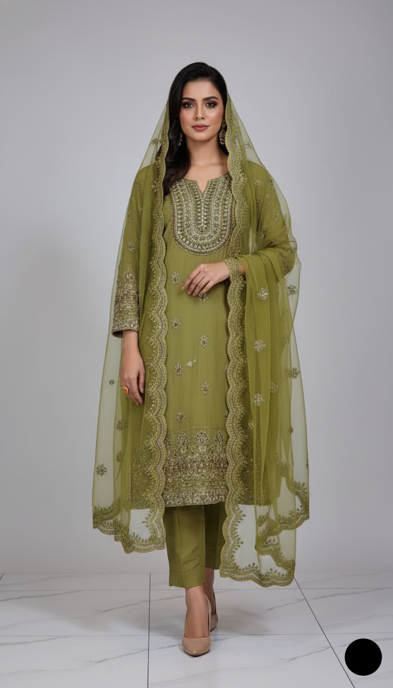 Chiffon straight shirt plazo pista green - Pakistani women's party wear with grip plazo and organza dupatta front view