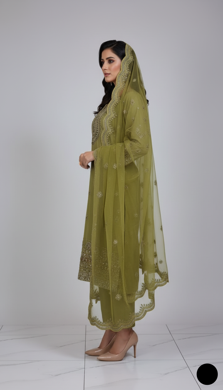 Pakistani women's pista green chiffon straight shirt plazo back view
