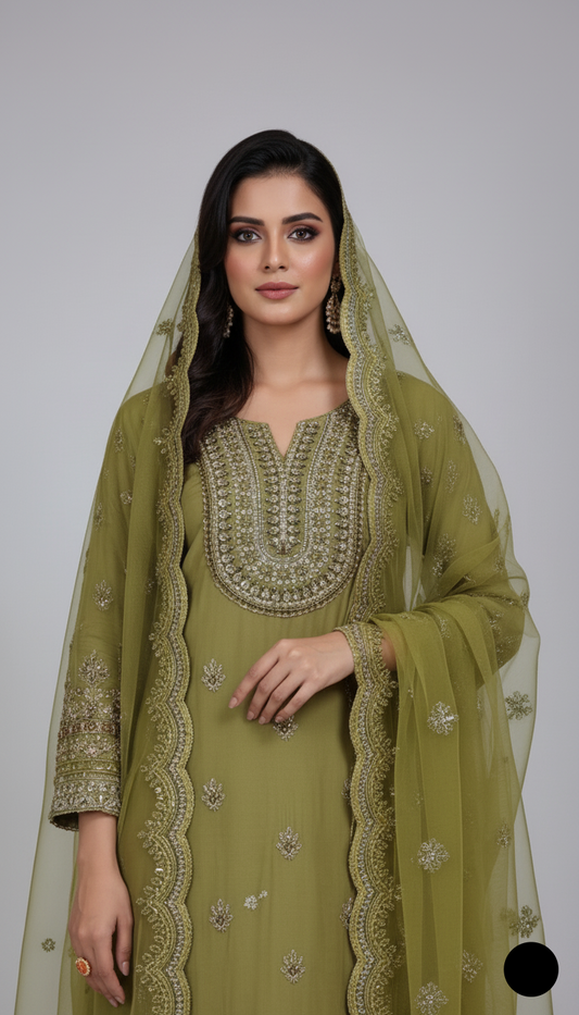 Pista green chiffon Pakistani women's straight shirt with plazo side view