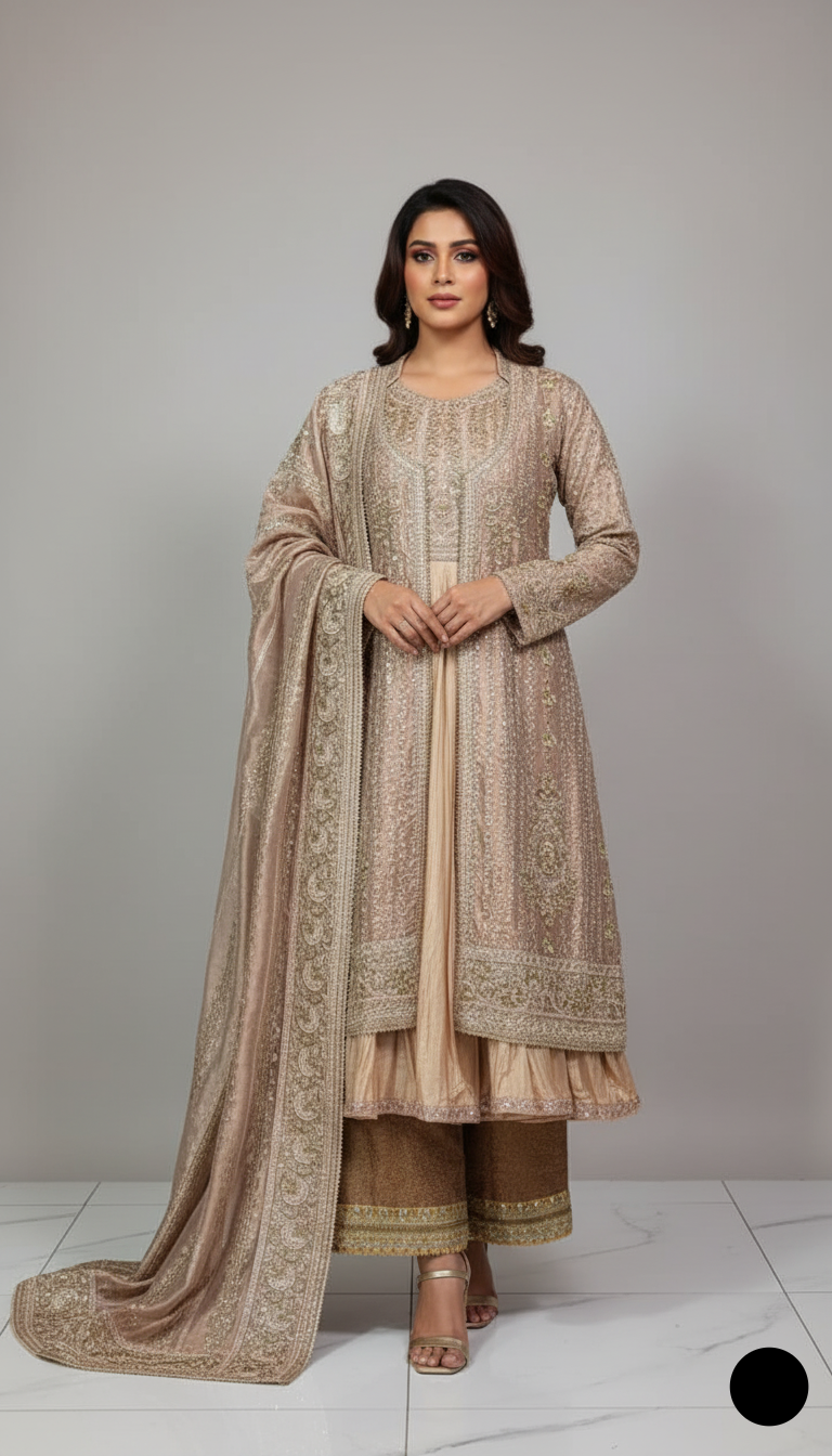 Chiffon straight shirt plazo tea pink - Pakistani women's party wear with grip plazo and organza dupatta front view