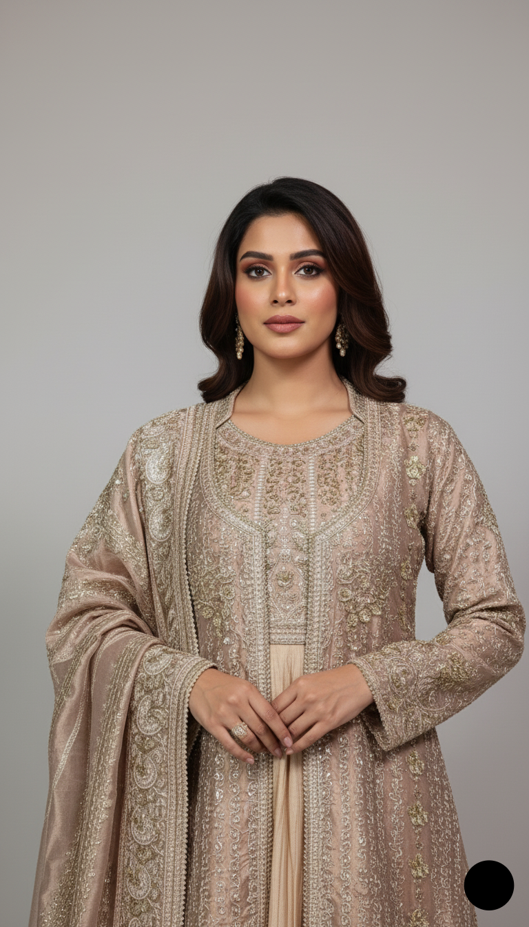 Tea pink chiffon Pakistani women's straight shirt with plazo side view