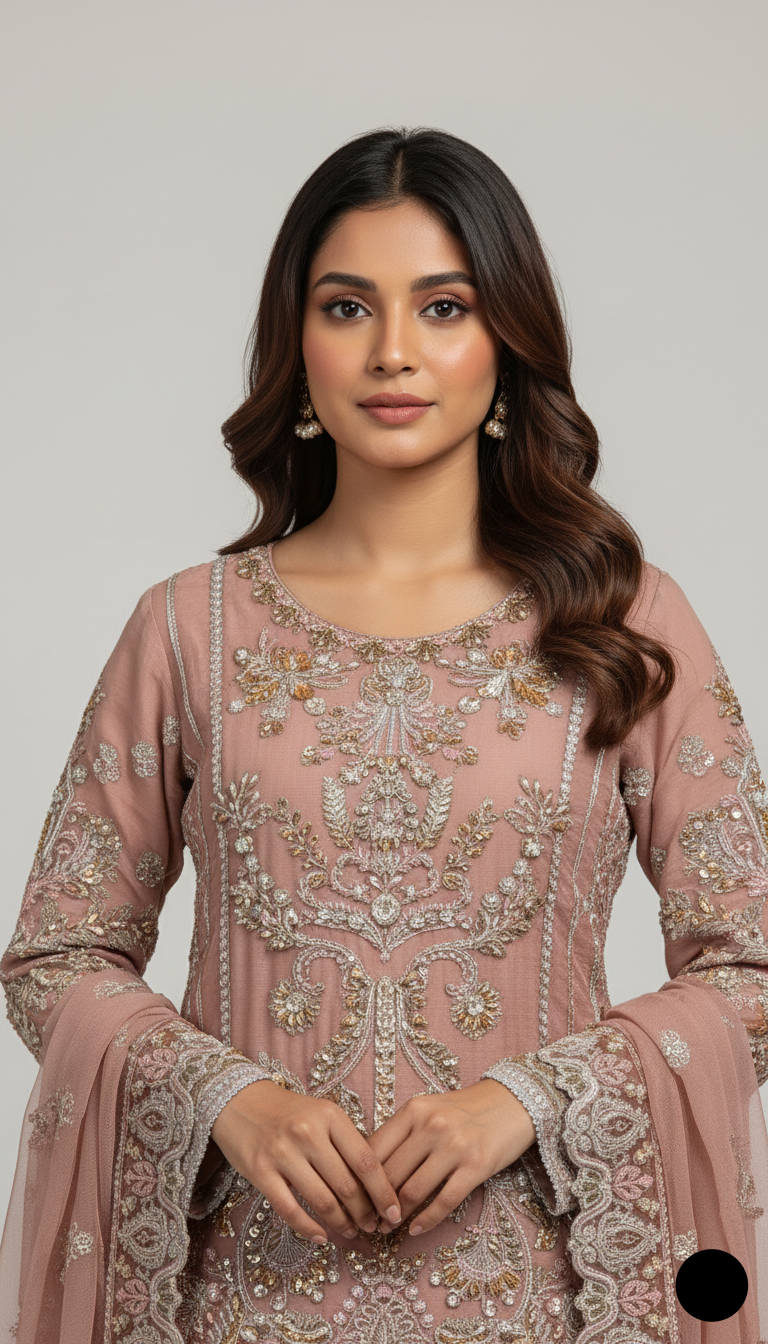 Tea pink chiffon Pakistani women's straight shirt with plazo side view